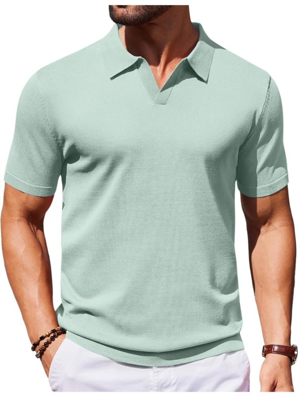 Men's Ice Green 100% Polyester V Neck Short Sleeve Stretch Knit Polo Shirt